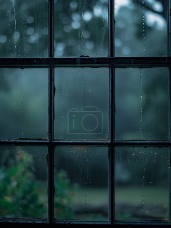 Téléchargez les photos : Capturer l'intensité d'une tempête de pluie à travers une vue fenêtre de fortes pluies contre le verre et le paysage naturel flou - en image libre de droit