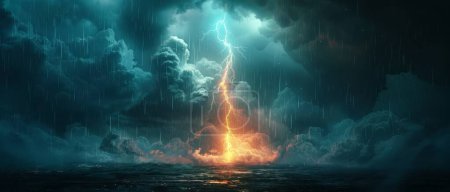 Ein Blitzableiter während eines Gewitters, der elektrische Entladungen und Funken sichtbar macht, beleuchtet vor einem dunklen, bewölkten Hintergrund, mit einem Fokus auf das Leuchten und die Leitfähigkeit des Stabes