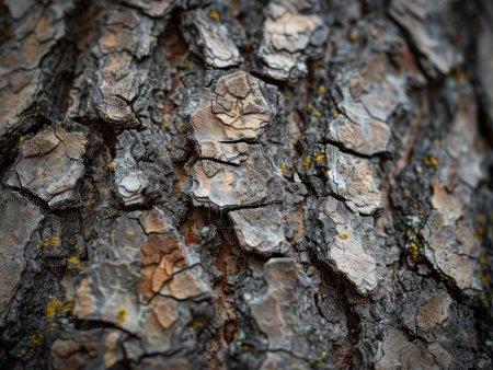 Erkunden Sie die detaillierte Struktur der rauen Baumrinde in einem Waldgebiet aus nächster Nähe und entdecken Sie natürliche Muster und Moos auf ihrer haptischen Oberfläche.