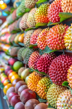 Vibrant tropical fruits showcased at market, highlighting texture, juiciness, and colorful variety up close