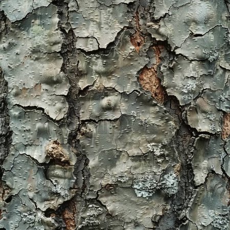 In a dense forest, explore the tactile, detailed tree bark texture with moss, lichen, and natural graininess