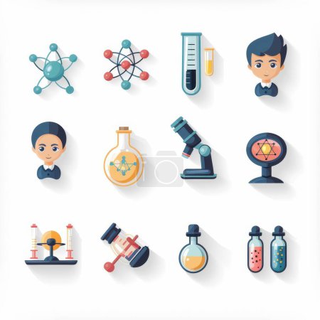 Science icon educational set, colorful vector illustrations, microscope, atom model, test tubes, engaging for school children, isolated on white