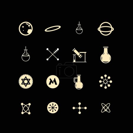 Science icons, minimalist design, vector illustrations of microscope, beaker, DNA, atom, on a sleek dark background