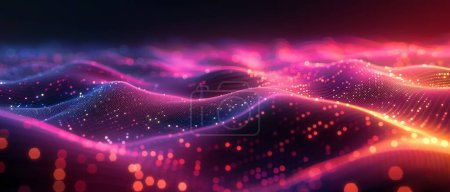 An abstract background featuring vibrant neon hues, a digital wave pattern, and rendered in 3D