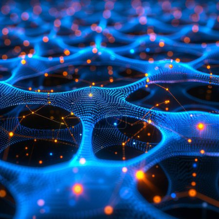 Las redes azules interconectan nodos con rayos láser contra un fondo oscuro en un entorno abstracto de tecnología