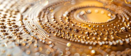 Des motifs de puces électroniques complexes mettent en valeur les détails dorés et argentés dans un macro gros plan de l'abstraction technologique