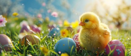An Easter scene with a sunlit meadow, fluffy chicks, colorful eggs in fresh grass creates a cheerful ambiance