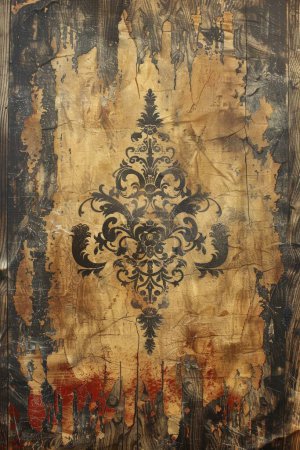 Fond vintage avec texture affligée, ressemblant à un vieux parchemin, rempli de motifs classiques de papier peint et d'une surface vieillie, tons sépia subtils, scène rustique