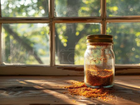 Vintage label design on a retro spice jar, classic tag with nostalgic branding, old-fashioned label in a rustic kitchen setting, natural light streaming through a window