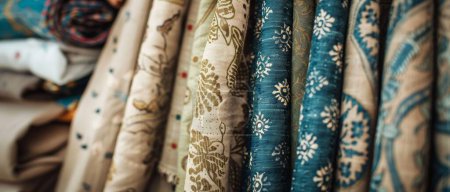 Vintage pattern displayed on classic textile, retro fabric with ornate pattern, traditional weave showcased as elegant drapery in an antique market setting, soft, natural lighting