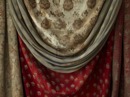 Vintage-Muster auf Stoff, klassisches Motiv mit Retro-Textilien, traditionelles Webgewebe, das als drapierter Vorhang in einem antiken Ladenambiente zur Schau gestellt wird, weiche Beleuchtung