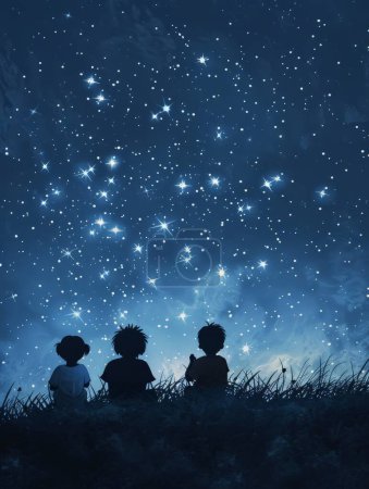 Children sit on grassy hill, gaze at stars, night sky, feel magical, whimsical aura