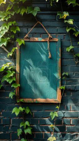 A rustic wooden frame hanging on a brick wall, with ivy creeping around the edges, natural light filtering through.