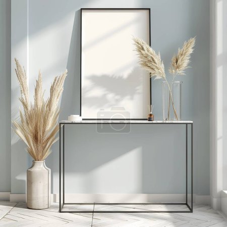 Elegant black frame on white marble table enhances modern decor.