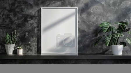 Foto de Marco blanco elegante y brillante en estante negro de alto brillo, mezclando texturas contrastantes maravillosamente. - Imagen libre de derechos