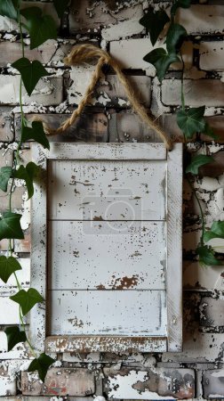 Ein Holzrahmen auf Ziegelmauer, Efeu kriecht, natürliches Licht durchdringt, schafft ein rustikales Ambiente.