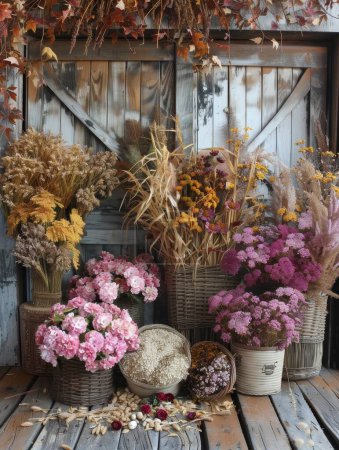 Photo for Thanksgiving boasts a bountiful display of produce and grains in a rustic barn setting - Royalty Free Image