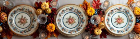 Ajuste de mesa clásico de Acción de Gracias, elegantes vasos de porcelana y cristal, centro de mesa de otoño dorado, vista superior