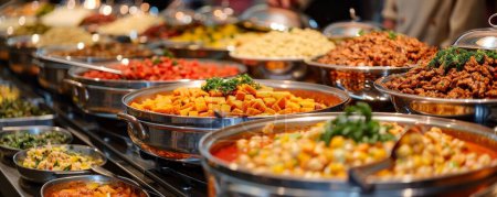 Erntedank-Töpfchen in der Gemeindehalle: Lange Tische mit vielfältigen Gerichten, geschäftig und farbenfroh