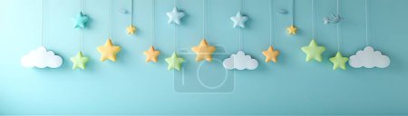 Photo for A tranquil nursery adorned with drifting clouds, stars, and calming pastel shades creates a serene baby backdrop - Royalty Free Image