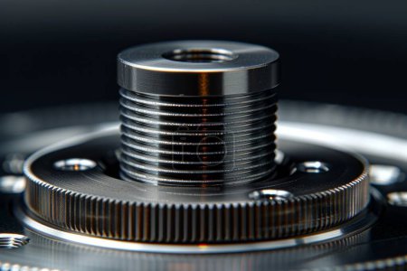 Close up metal screw nut, precision threads, industrial quality, macro shot