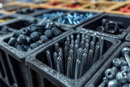 Präzision und Organisation werden bei der Nahaufnahme von Metallnägeln und Schrauben hervorgehoben, die in einem Hardware-Organizer sauber sortiert sind.