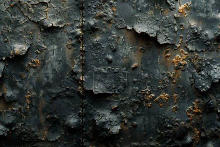 Placa de metal pesado, erosionada y oxidada, fuerte detalle de textura, atmósfera oscura y malhumorada