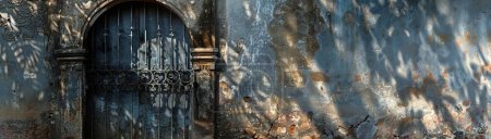 Une grille métallique complexe orne l'entrée du bâtiment historique avec des ferronneries détaillées au petit matin.