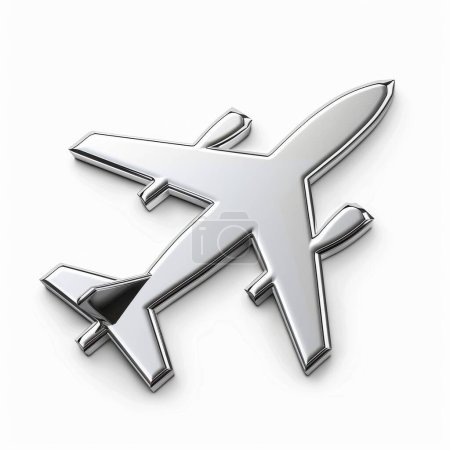 Sleek metal icon of a jet airplane, minimalist design, isolated on a white background