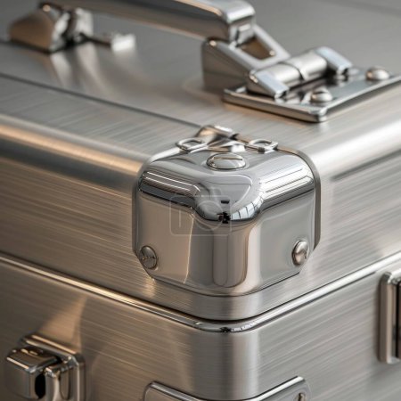 Sleek metal briefcase, close-up, silver finish, detailed lock mechanism, luxury business accessory