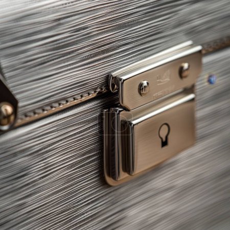 Close-up of a sleek metal briefcase with a silver finish, intricate lock mechanism; a luxurious business item