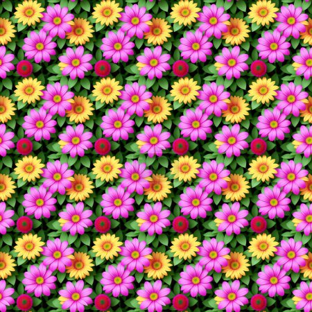 Nahtlos leuchtendes Blumenmuster aus vielen bunten Gänseblümchen in geraden Reihen zum Drucken auf Papier, Leinwand, Kleidung
