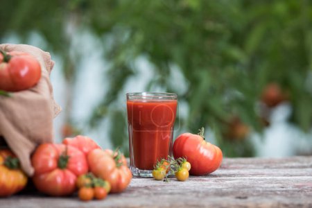 Photo for Fresh tomato juice, on a wooden background - Royalty Free Image