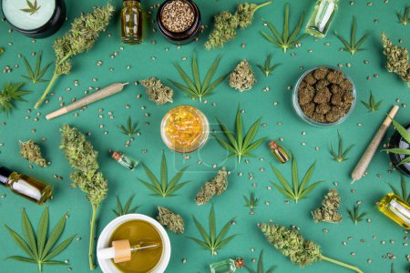 Téléchargez les photos : Huile de marijuana et graines de chanvre sur fond blanc avec des feuilles de cannabis - en image libre de droit