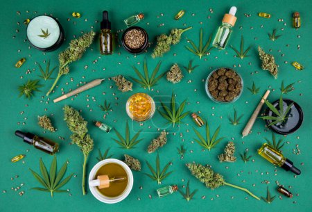 Téléchargez les photos : Cannabis médical produits cbd. chanvre, huile de marijuana et cannabis sur blanc. produits du chanvre, chanvre, huile de cbd sur fond de feuille verte, plat - en image libre de droit