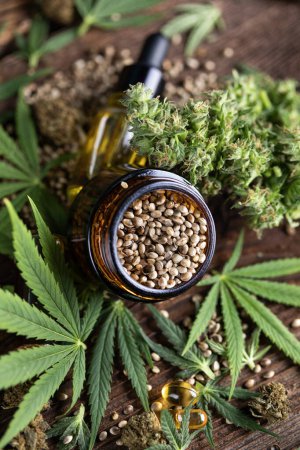 Téléchargez les photos : Huile de chanvre cbd, feuilles de cannabis et graines de cannabis sur une planche de bois - en image libre de droit