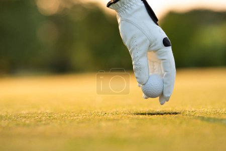 Téléchargez les photos : Gros plan du club de golf main tenant sur fond vert - en image libre de droit
