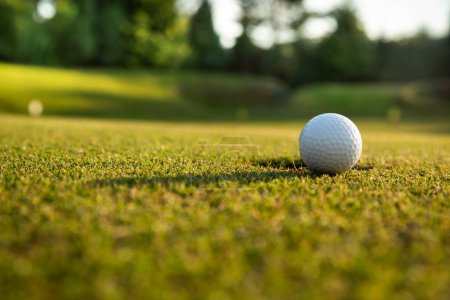 Téléchargez les photos : Balle de golf avec un trou sur l'herbe verte - en image libre de droit