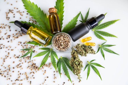 Foto de Cáñamo, aceite de cbd, cannabis, hojas de cannabis, semillas de cáñamo sobre un fondo blanco, vista superior, la puesta plana. - Imagen libre de derechos