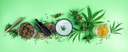 Photo for Cannabis and marijuana. cbd products, marijuana and medical products. top view flat lay. hemp oil and hemp seeds on white background. - Royalty Free Image