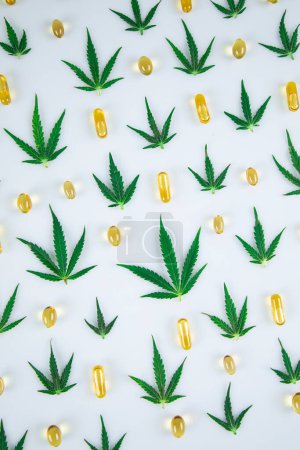 Téléchargez les photos : Feuilles et pilules de chanvre. marijuana médicale - en image libre de droit