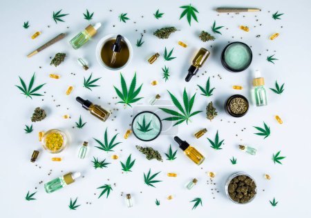 Téléchargez les photos : Vue du dessus du chanvre et de la marijuana sur fond blanc - en image libre de droit