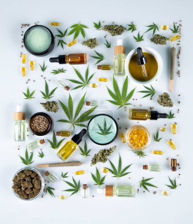 Photo for Cbd hemp oil products. hemp, cbd oil, cannabis and medical marijuana. - Royalty Free Image