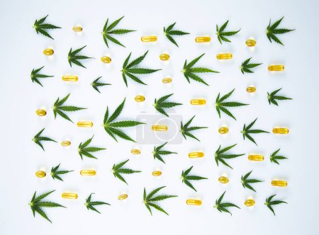 Téléchargez les photos : Vue du dessus des feuilles de marijuana et de cannabis avec espace de copie - en image libre de droit