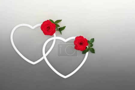 Photo for Valentines Day symbols of love with two heart shaped white frames and red rose flowers. Romantic beautiful nature flora concept. Suitable for birthday, Mothers Day, anniversary. - Royalty Free Image