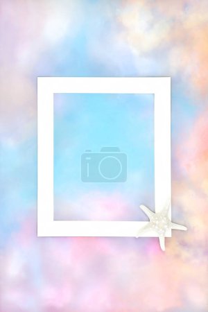 Photo for Rainbow sky cloud summer background with starfish sea shell on white frame. Abstract minimal pastel coloured border design. Holiday vacation travel themed nature concept. - Royalty Free Image