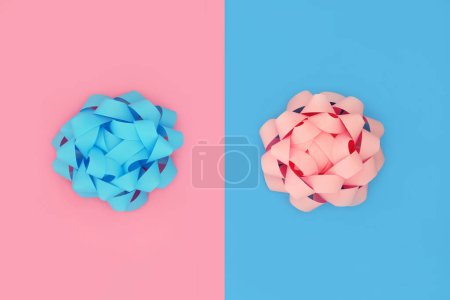 Photo for Opposites attract design concept. Baby pink and baby blue rosette bow ribbons on contrast background. Minimal creative composition, flat lay. - Royalty Free Image