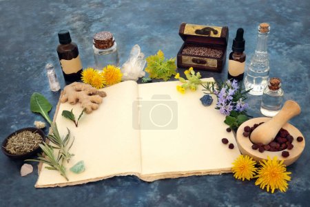 Naturopathic herbal plant medicine for natural healing with hemp recipe book, essential oils, crystals, herbs flowers. Old fashioned alternative magical pagan composition for flower remedies.