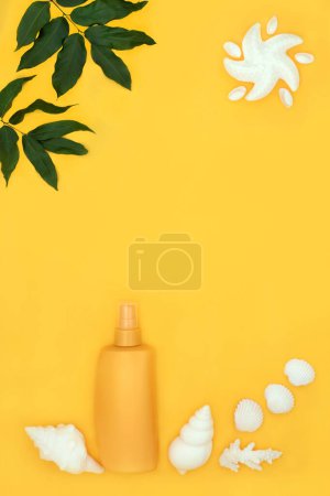 Photo for Suntan lotion for summer skincare protection with abstract starfish sun on yellow background with seashell soaps, decorative leaves and shells. Anti cancer concept. - Royalty Free Image