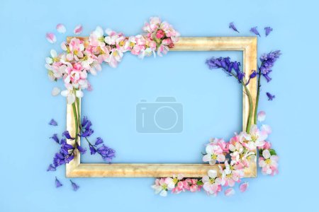 Bluebells and apple blossom flowers spring, beltane background gold frame on blue. Floral, nature, seasonal abstract border composition.